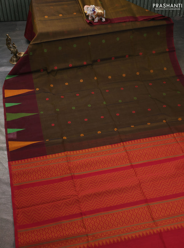 Kora silk cotton saree mehendi green and deep maroon with thread woven buttas and thread woven butta border