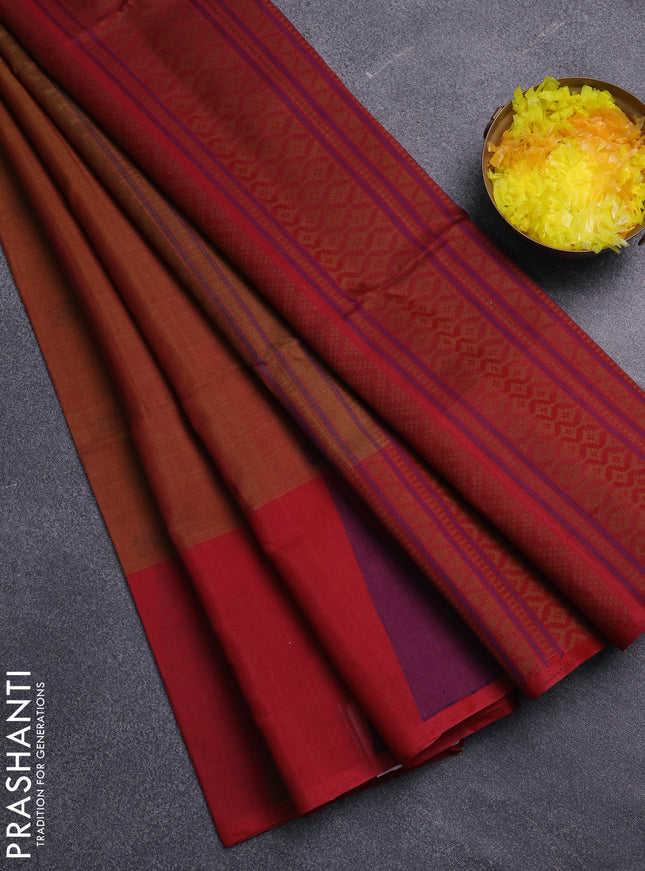 Kora silk cotton saree dark mustard and maroon with thread woven buttas and thread woven butta border