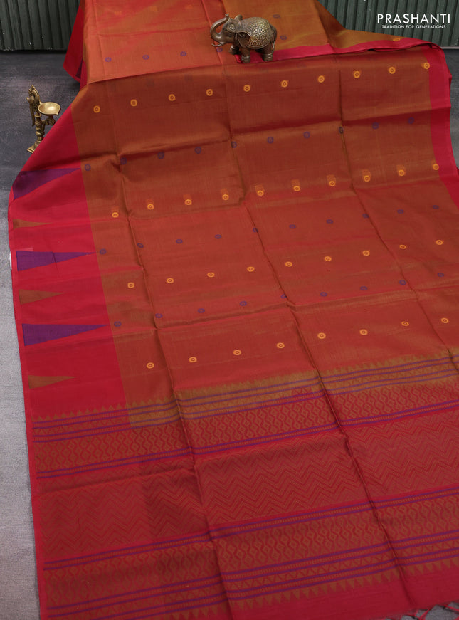 Kora silk cotton saree dark mustard and maroon with thread woven buttas and thread woven butta border