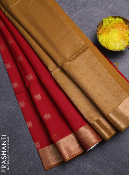 Kora silk cotton saree red and mustard yellow with zari woven buttas and zai woven border