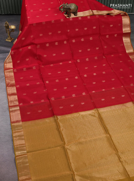 Kora silk cotton saree red and mustard yellow with zari woven buttas and zai woven border
