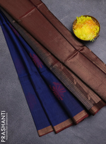 Kora silk cotton saree peacock blue and deep maroon with zari woven buttas and zari woven border