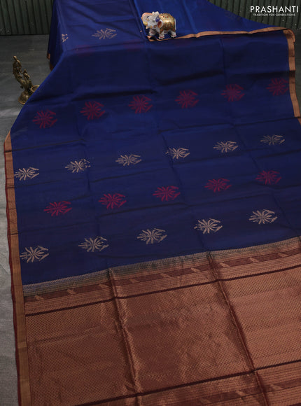 Kora silk cotton saree peacock blue and deep maroon with zari woven buttas and zari woven border
