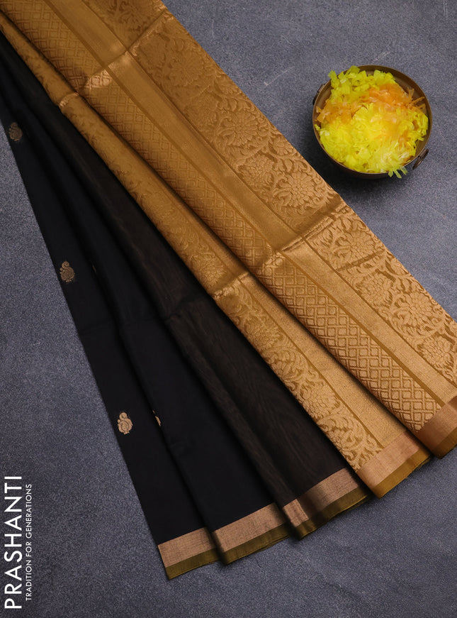 Kora silk cotton saree black and mustard yellow with zari woven buttas and zari woven border