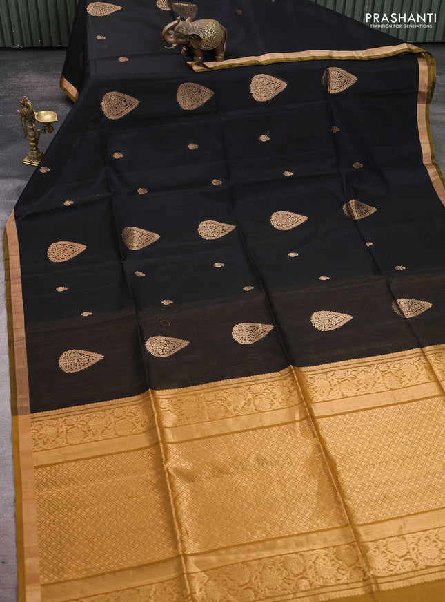 Kora silk cotton saree black and mustard yellow with zari woven buttas and zari woven border
