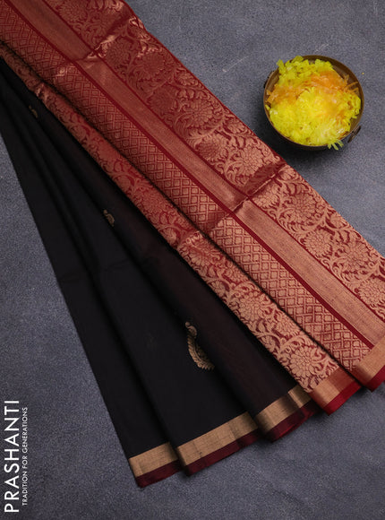 Kora silk cotton saree black and maroon with zari woven buttas and zari woven border