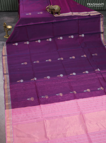 Kora silk cotton saree purple and lottus pink with zari woven buttas and zari woven border
