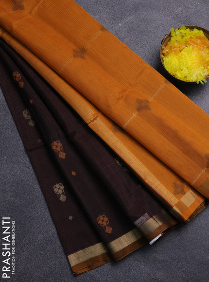 Kora silk cotton saree coffee brown and mustard yellow with allover thread & zari woven buttas and zari woven border