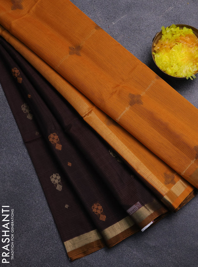 Kora silk cotton saree coffee brown and mustard yellow with allover thread & zari woven buttas and zari woven border