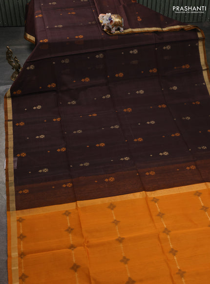 Kora silk cotton saree coffee brown and mustard yellow with allover thread & zari woven buttas and zari woven border