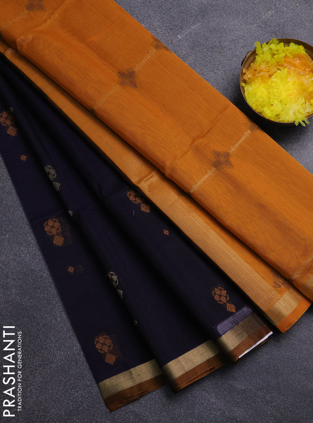 Kora silk cotton saree navy blue and mustard yellow with allover thread & zari woven buttas and zari woven border