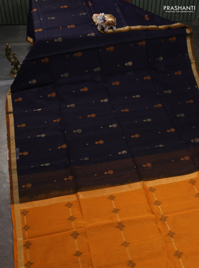 Kora silk cotton saree navy blue and mustard yellow with allover thread & zari woven buttas and zari woven border