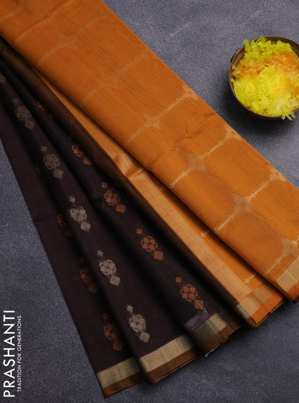 Kora silk cotton saree coffee brown and mustard yellow with allover thread & zari woven buttas and zari woven border