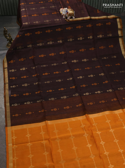 Kora silk cotton saree coffee brown and mustard yellow with allover thread & zari woven buttas and zari woven border