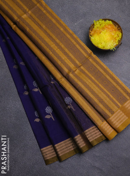Kora silk cotton saree navy blue and mustard yellow with zari woven buttas and zari woven border