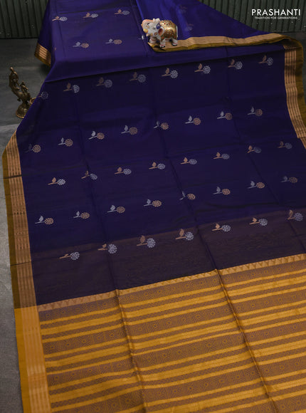 Kora silk cotton saree navy blue and mustard yellow with zari woven buttas and zari woven border