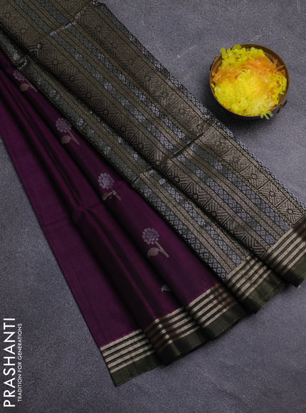 Kora silk cotton saree purple and olive green with zari woven buttas and zari woven border