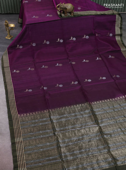 Kora silk cotton saree purple and olive green with zari woven buttas and zari woven border
