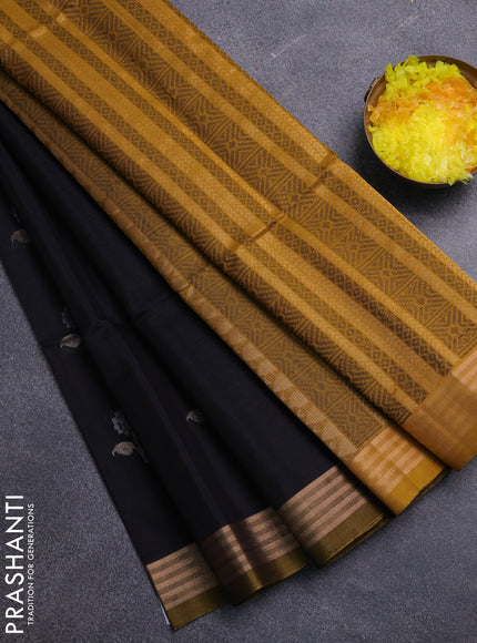 Kora silk cotton saree black and mustard yellow with zari woven buttas and zari woven border