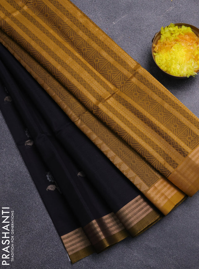 Kora silk cotton saree black and mustard yellow with zari woven buttas and zari woven border