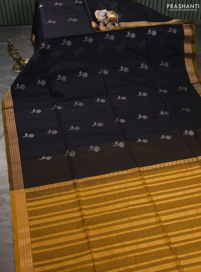Kora silk cotton saree black and mustard yellow with zari woven buttas and zari woven border