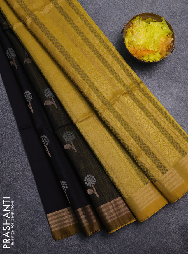 Kora silk cotton saree black and yellow with zari woven buttas and zari woven border