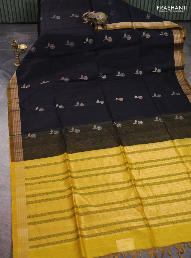 Kora silk cotton saree black and yellow with zari woven buttas and zari woven border