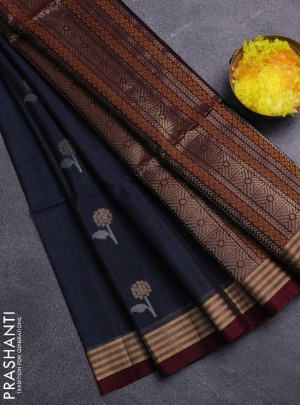 Kora silk cotton saree dark grey and deep maroon with zari woven buttas and zari woven border