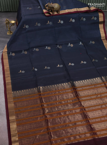 Kora silk cotton saree dark grey and deep maroon with zari woven buttas and zari woven border