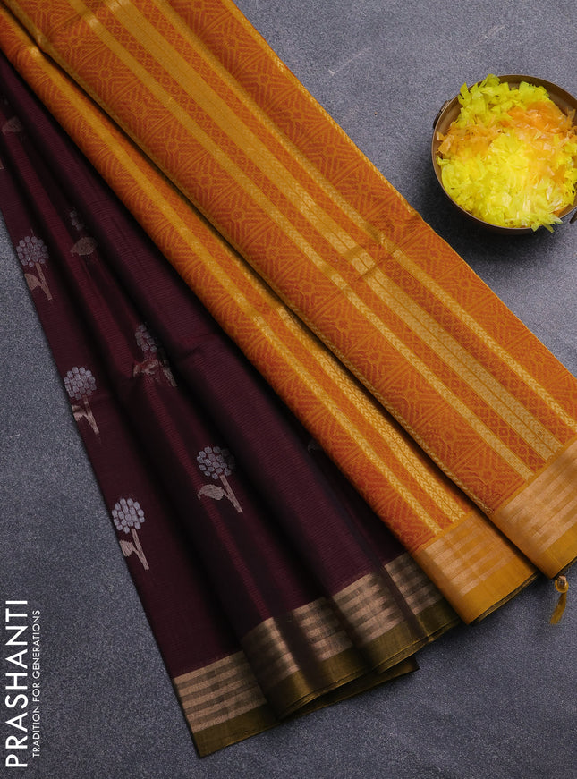 Kora silk cotton saree deep maroon and dual shade of yellow with zari woven buttas and zari woven border