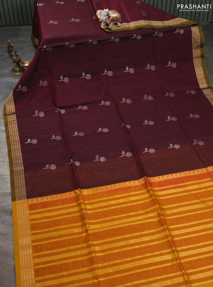 Kora silk cotton saree deep maroon and dual shade of yellow with zari woven buttas and zari woven border