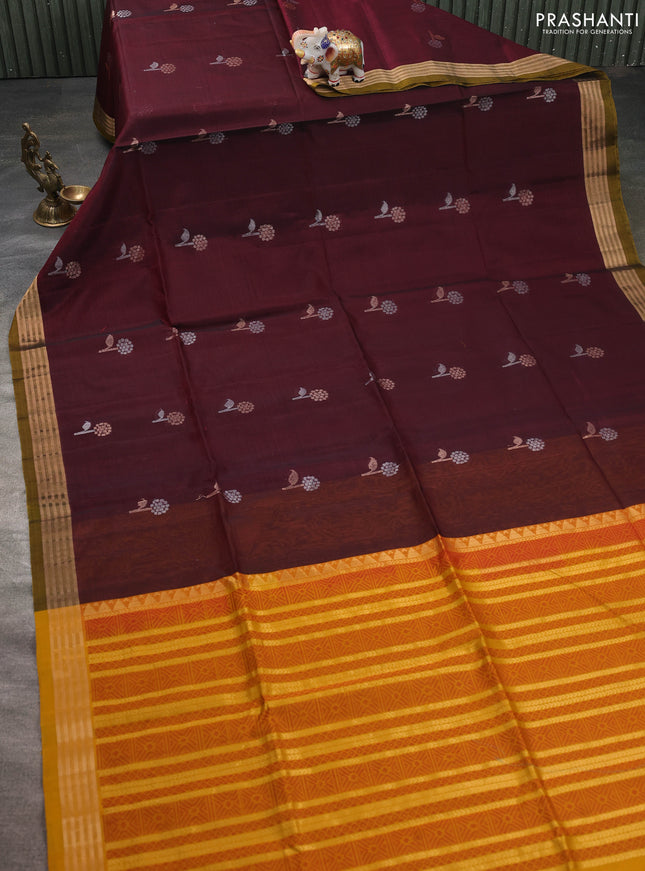 Kora silk cotton saree deep maroon and dual shade of yellow with zari woven buttas and zari woven border
