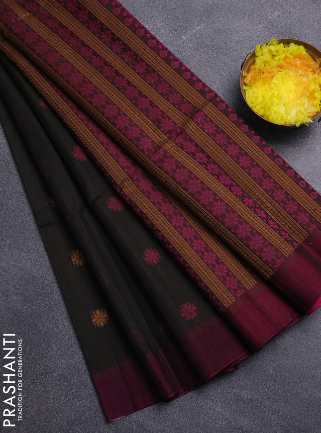 Kora silk cotton saree olive green and magenta pink with thread woven buttas and simple border