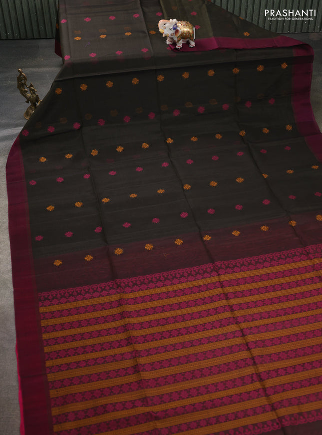 Kora silk cotton saree olive green and magenta pink with thread woven buttas and simple border
