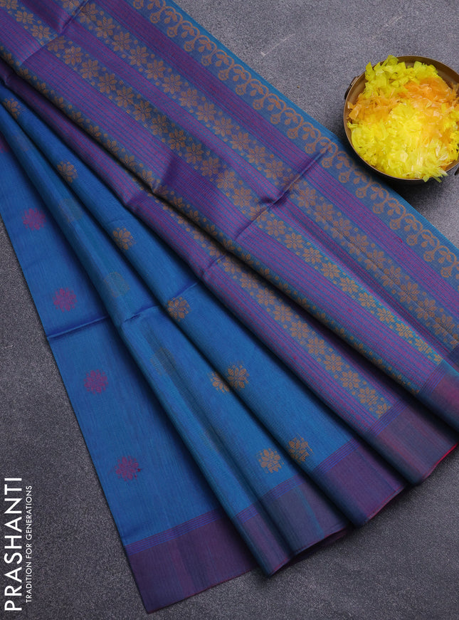Kora silk cotton saree dual shade of blue and pink with thread woven buttas and simple border