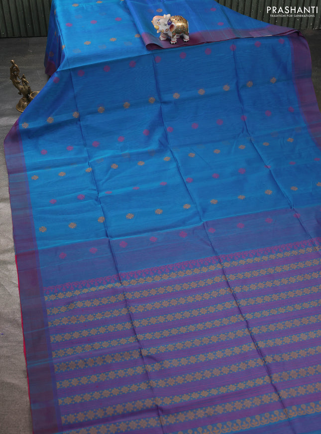 Kora silk cotton saree dual shade of blue and pink with thread woven buttas and simple border
