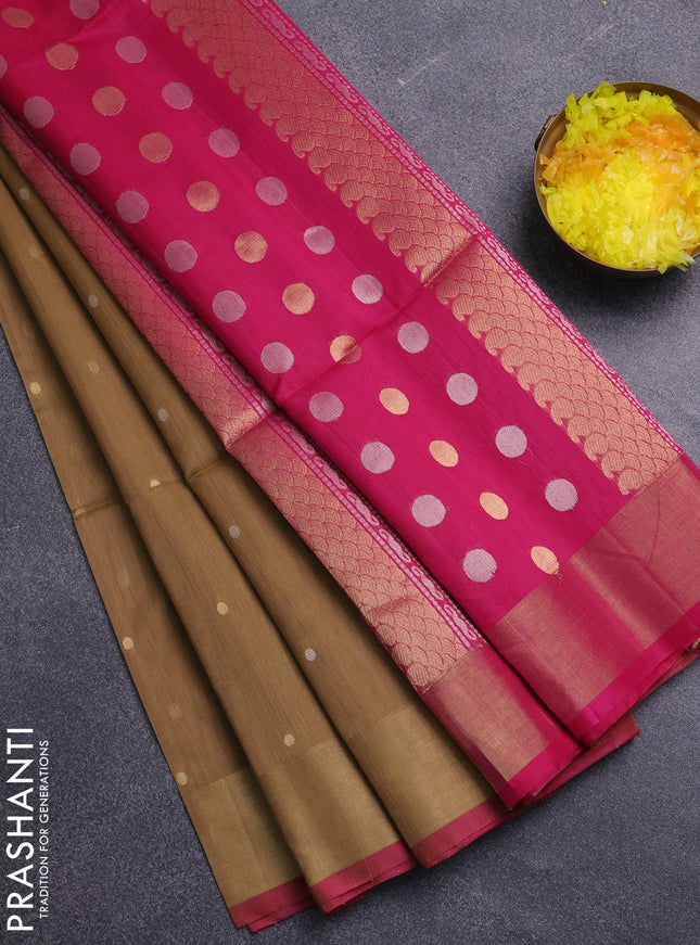 Kora silk cotton saree sandal and pink with zari woven buttas and zari woven border