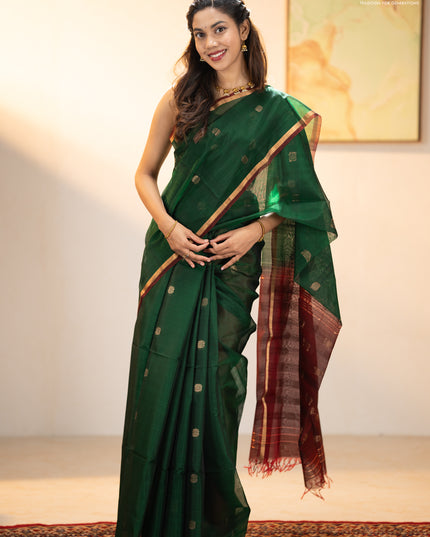 Kora silk cotton saree bottle green and deep maroon with zari woven buttas and zari woven border