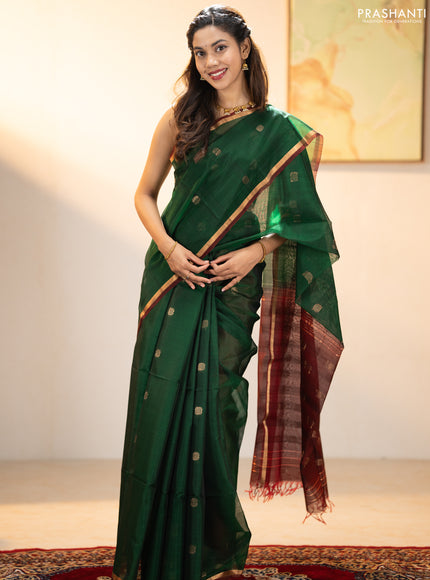 Kora silk cotton saree bottle green and deep maroon with zari woven buttas and zari woven border