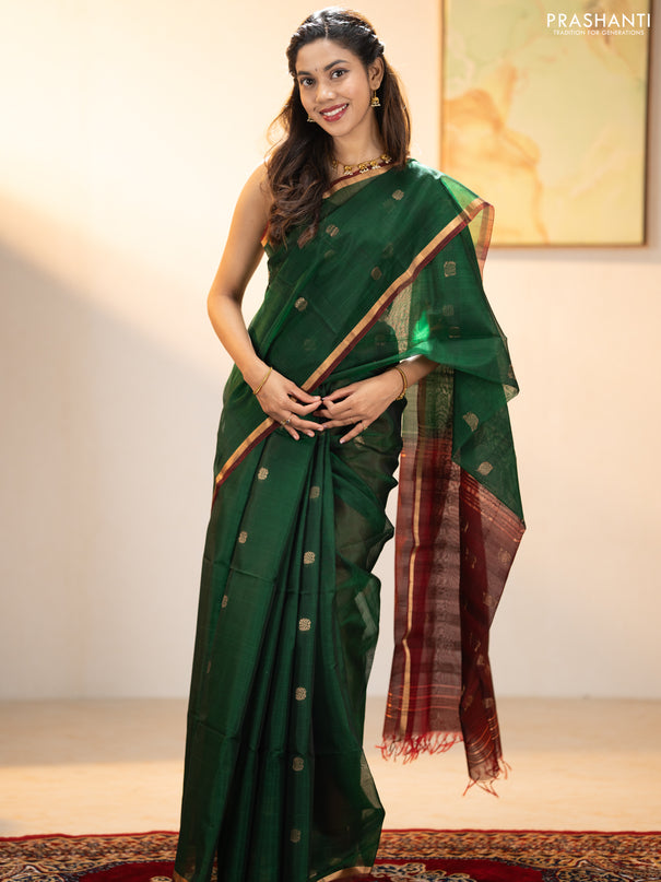 Kora silk cotton saree bottle green and deep maroon with zari woven buttas and zari woven border