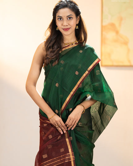 Kora silk cotton saree bottle green and deep maroon with zari woven buttas and zari woven border