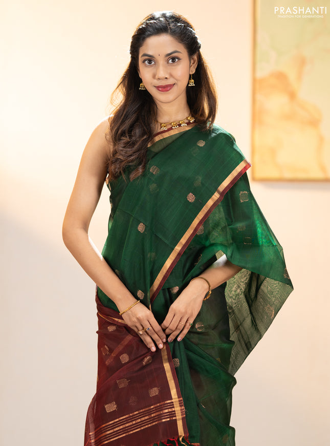 Kora silk cotton saree bottle green and deep maroon with zari woven buttas and zari woven border