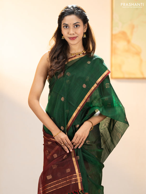Kora silk cotton saree bottle green and deep maroon with zari woven buttas and zari woven border
