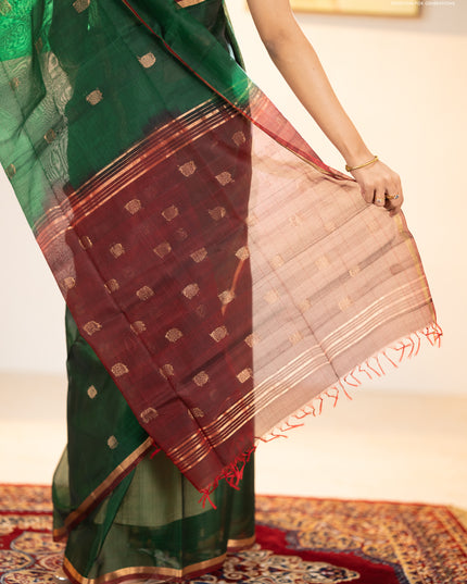 Kora silk cotton saree bottle green and deep maroon with zari woven buttas and zari woven border