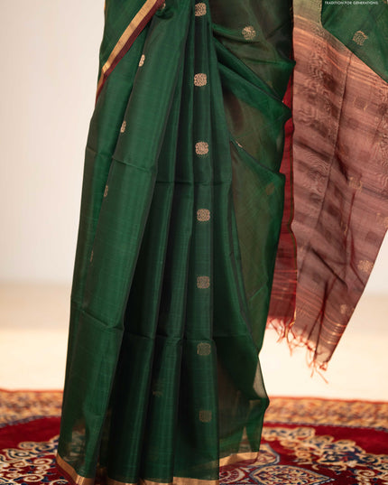 Kora silk cotton saree bottle green and deep maroon with zari woven buttas and zari woven border