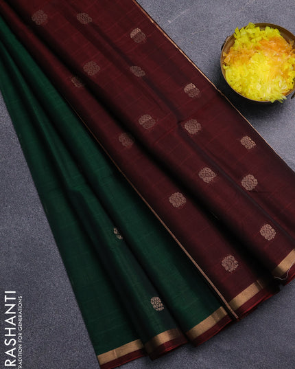 Kora silk cotton saree bottle green and deep maroon with zari woven buttas and zari woven border