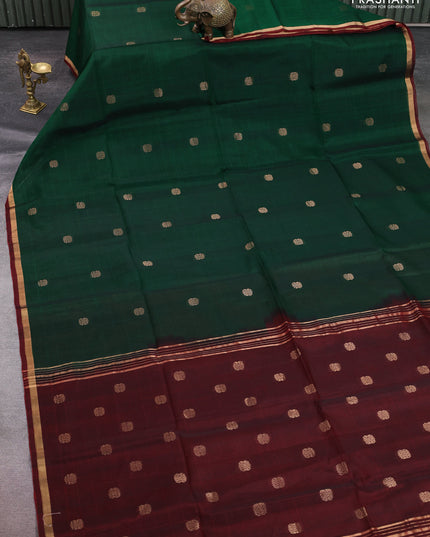 Kora silk cotton saree bottle green and deep maroon with zari woven buttas and zari woven border