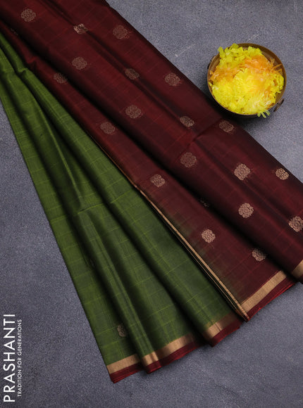 Kora silk cotton saree green and dark maroon with zari woven buttas and zari woven border