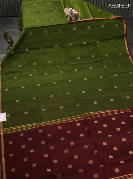 Kora silk cotton saree green and dark maroon with zari woven buttas and zari woven border