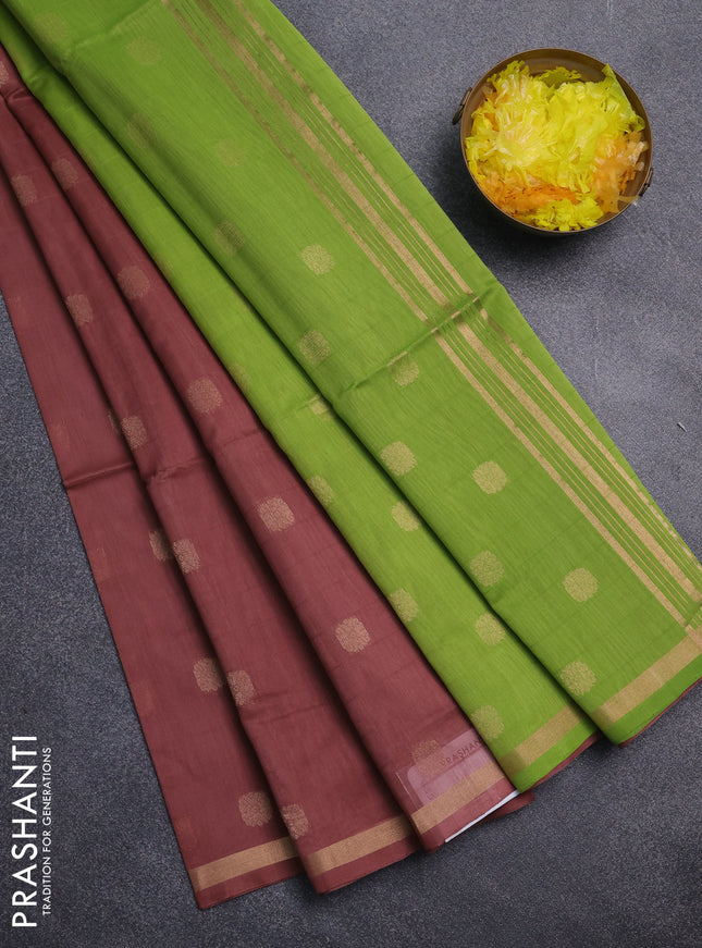 Kora silk cotton saree peach shade and light green with allover zari woven buttas and zari woven border